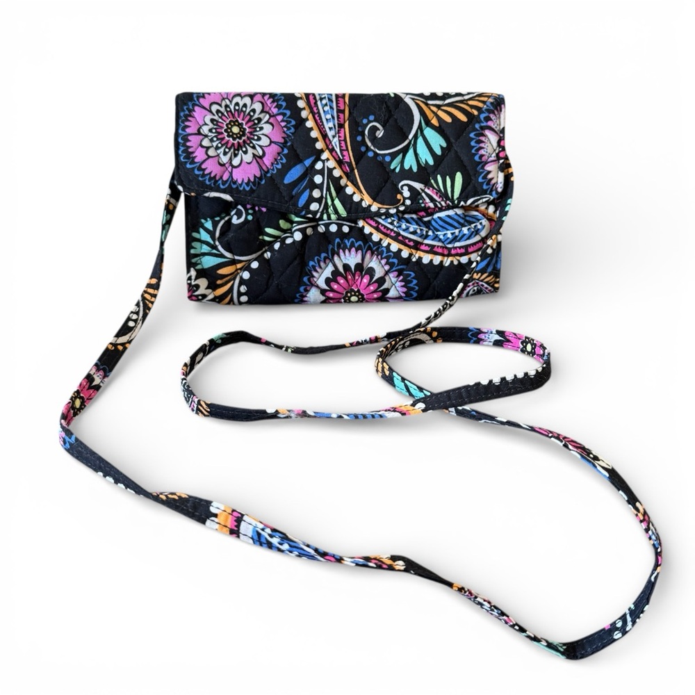 Vera Bradley Quilted Crossbody Wallet Bandana Swirl Floral Black Multicolor